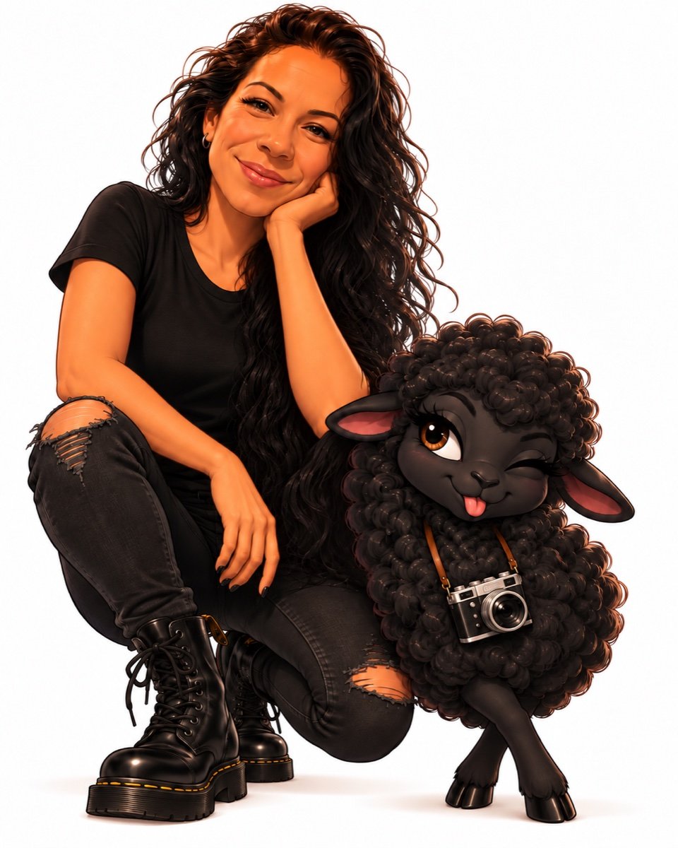 Illustration of Jessi Lynn crouching next to a smiling black sheep wearing a camera